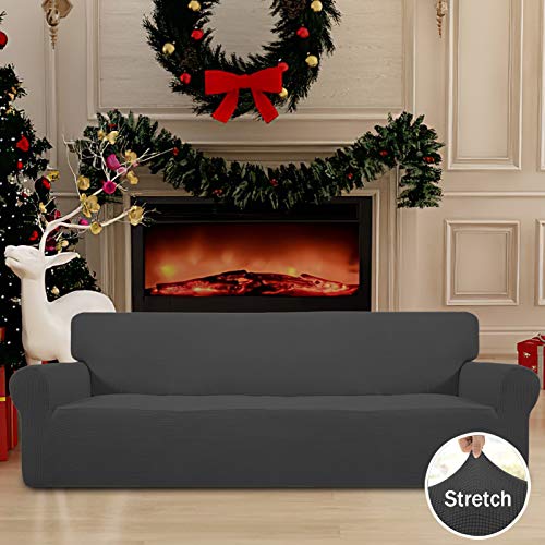 Image of Easy-Going Stretch 4 Seater Sofa Slipcover 1-Piece Sofa Cover Furniture Protector Couch Soft with Elastic Bottom for Kids, Polyester Spandex Jacquard Fabric Small Checks Dark Gray
