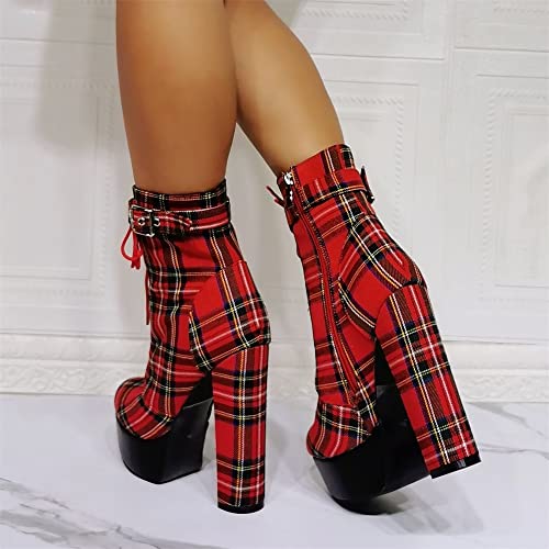 Frankie Hsu Fashion Platform Chunky Block Heel Red Plaid England Lattice Preppy Look Modern Cool Girl Style Large Big Size Block High Ankle Short Bootie for Women Men4