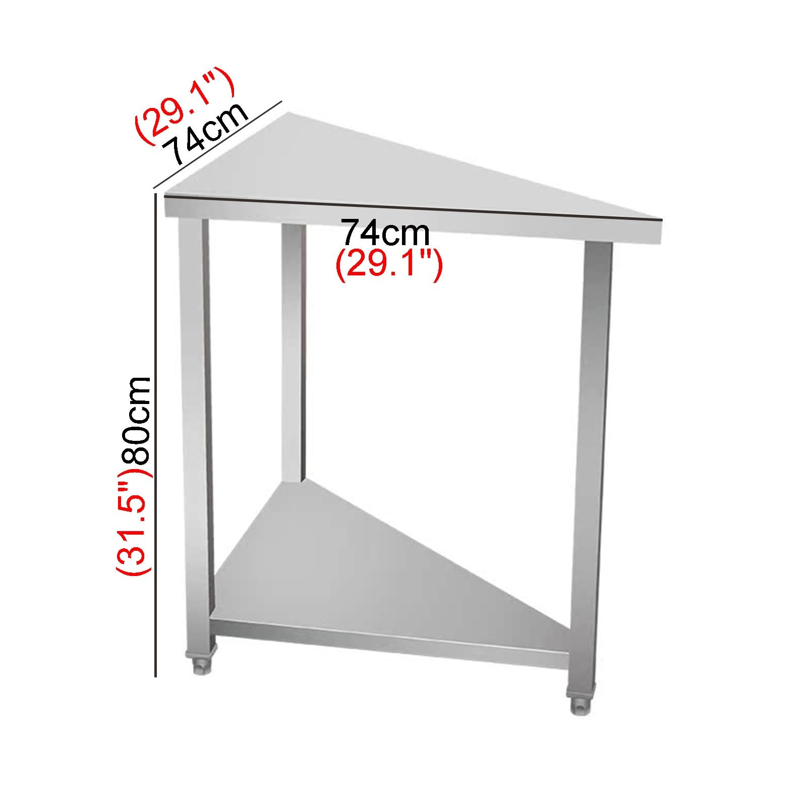 Scaffale angolare a due ripiani in acciaio inox, tavolo in metallo resistente, piano di lavoro commerciale per cucina, postazione di lavoro imballaggio e tritatura, facile da pulire