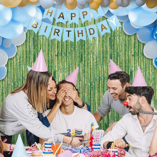 Image of 2 Pack Laser Green Foil Fringe Curtains Streamers Party Decorations 3.3 x 8.2 ft, Tinsel Curtain Fringe Backdrop for Parties, Door Fringe Birthday Streamers, Photo Booth Backdrops, Party Decor