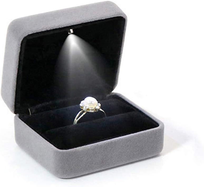 LaMure Square Velvet Ring Case Gift Box with LED Light,Engagement Ring Earring Jewelry Case Box for Proposal Engagement Wedding (Gray)