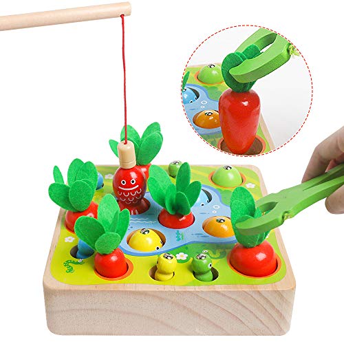 Montessori Toys For Toddlers 1 2 3 Years Old Boys Girls, Wooden Toys Carrot Harvest Game For Baby, Educational Toy Shape Sorting & Matching Puzzle, Magnetic Fishing Game Gifts For Kids 1-3 Ages #TOP4