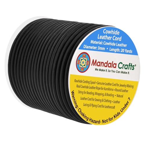 Mandala Crafts Round Cowhide Genuine Black Leather Cord for Jewelry Making Kumihimo Leather Rope Spool - Black String Lace - 20 Yds 3mm Cording