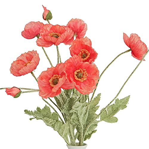 Kamang Artificial Poppy Red Silk Flowers (3 Stems) For Home Decor. Faux Poppy Flower Centerpiece. Artificial Red Coral Flower Arrangement. Red Poppy Floral Arrangements Centerpieces (Rose Coral) #TOP2