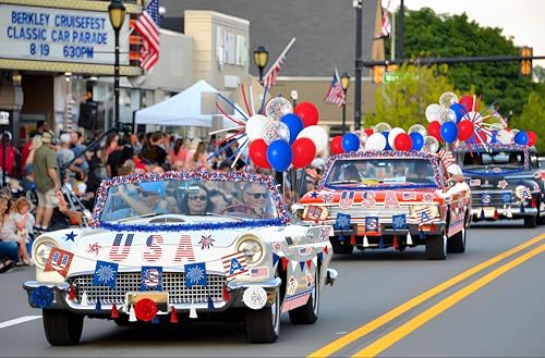 Image of 57Pcs 4th of July Parade Car Decoration Kit - Flag, Tinsel Garlands, Banners, Etc - Red White Blue Decor for Patriotic Independence Day Party Favors