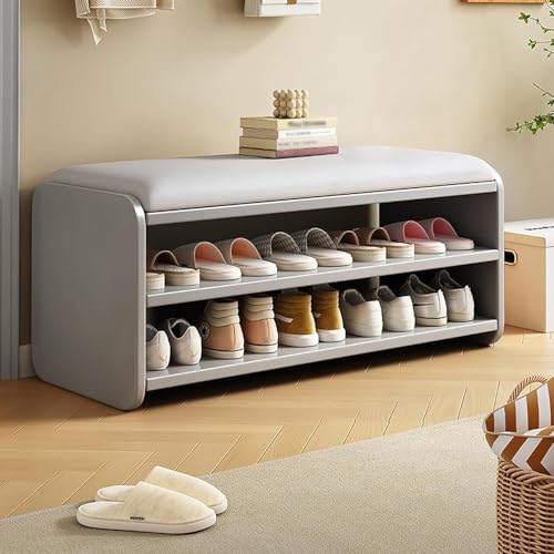 Banc à chaussures en bois pour entrée étroite avec assise en lin