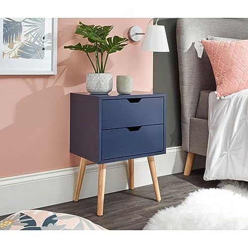 Image of Storage Nightstand Mid-Century Modern Bedside Table with Solid Wood 4 Legs Minimalist and Practical End Side Table- 2 Drawer-Blue