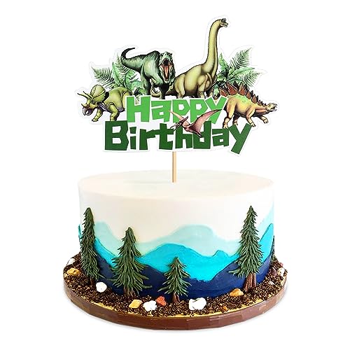 Ercadio 1Pack Wild Dinosaur Happy Birthday Cake Toppers, 24pcs (4 Designs Each), Realistic Dinosaur Happy Birthday Cake Picks with Tropical Leaves, Earth Tones