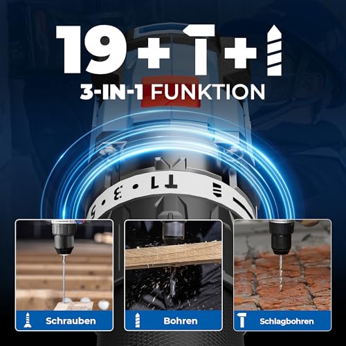 Dong Cheng Akku Schlagbohrschrauber 18V, 90 Nm Bürstenlos, 2×4.0Ah Akku, Schlagbohrmaschine Akku 3 Modi (Schrauben/Bohren/Schlagbohren), 13mm Bohrfutter, 2-Gang, 19 Drehmomentstufen, inkl Koffer