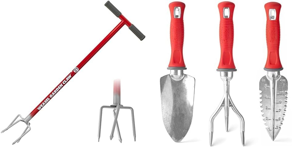 Garden Weasel Garden Claw Long Handle Soil Cultivator, Tiller & Weeder + 3-Piece Hand Tool Set