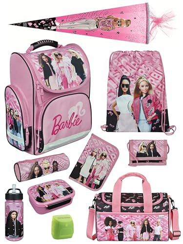 Familando Schulranzen 1. Klasse · ergonomischer Tornister · Schultasche für Jungen und Mädchen (Komplett Set mit Schultüte, Barbie)