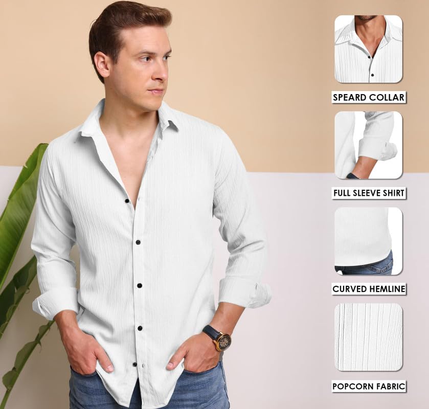 Image of Macsivo Men's Popcorn Shirt with Spread Collared Long Sleeve Button Down Closure Curved Hem Length | Linen Shirt for Man