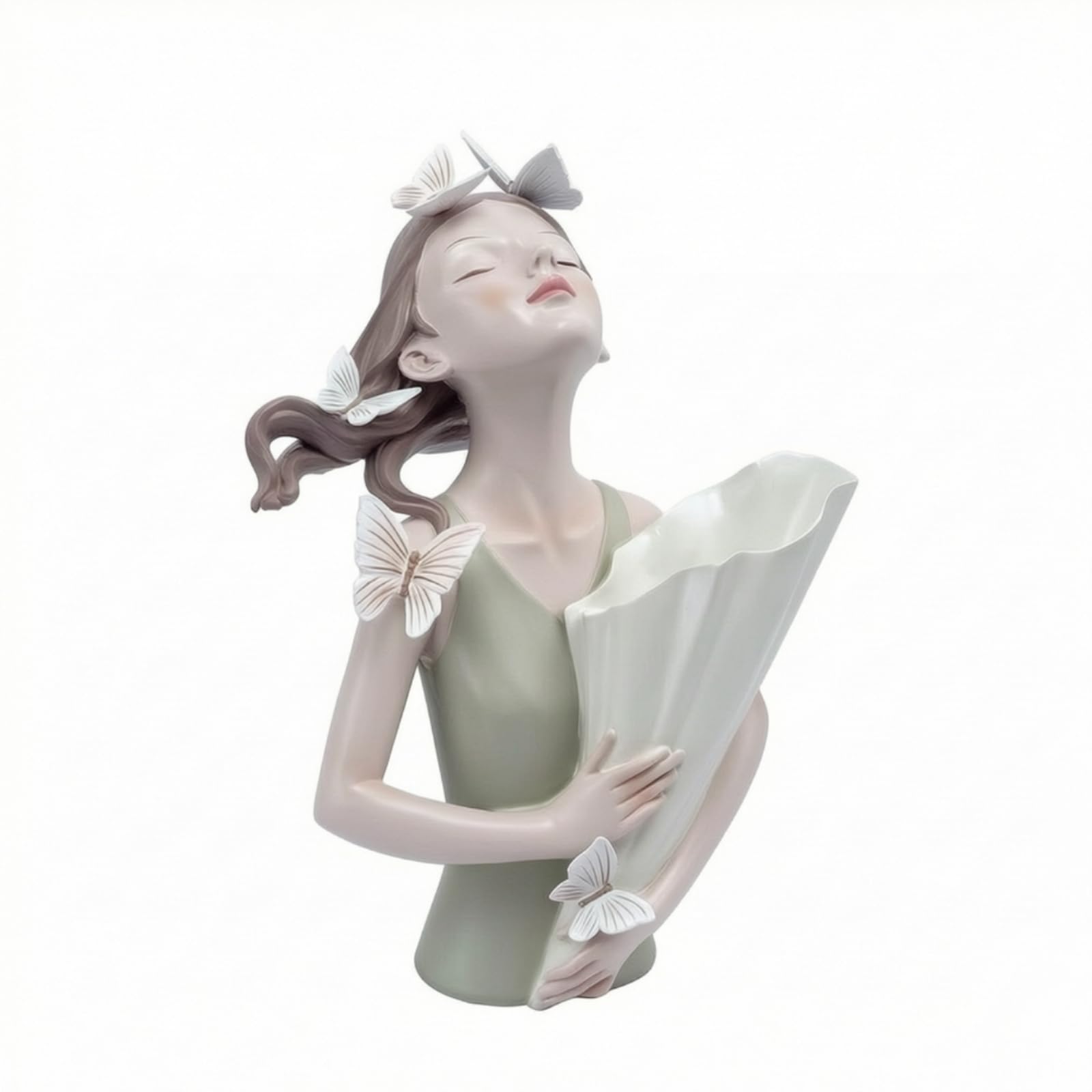 Dekorative Harzvase Mädchen Büste Blumenvase Schmetterling Figurine Handbemalt Kreative Wohndeko für Wohnzimmer Bücherregal Schreibtisch Geschenk, Grün