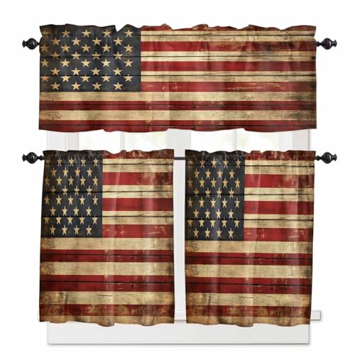 American Flag Kitchen Curtains 36 Inch Length, 3 Piece Rod Pocket Small Half Tiers and Valance Set, Retro USA Flag Blue Red Vintage Wooden Small Large Window Treatment Decor for Bedroom/Bathroom Sink