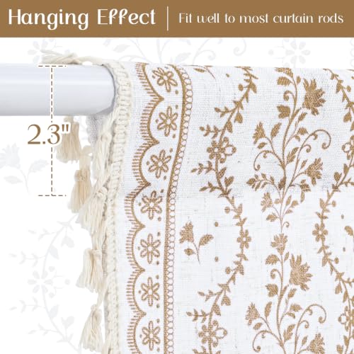 Image of Yinhua Boho Kitchen Curtains 36 Inch Length Vintage Linen Cafe Curtains Light Filtering Bohemian Floral Tier Rod Pocket Farmhouse Rustic Tassel Small Drapes with Tiebacks, 2 Panels, White Beige