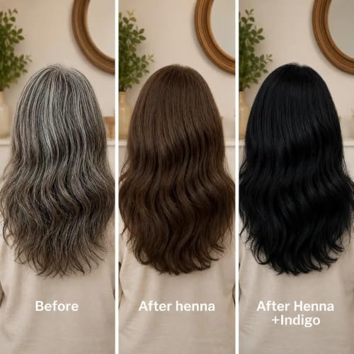Image of Natural & Pure Indigo Powder for Grey hair (ZERO CHEMICAL), Large Pack, Organic Indigo Powder for hair Black. NO PPD, NO AMMONIA. Microfine & Triple Filtered, with Gloves & Cap, Avuri Akulu, Indigofera Tinctoria(200gm)