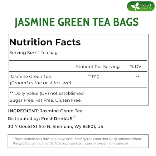 Image of FreshDrinkUS, Premium 135 Jasmine Green Tea Bags, 100% Natural & Pure from Jasmine Green Herbal Tea. Made with Natural Material Tea Bags. No Sugar, No Caffeine, No Gluten, Vegan.