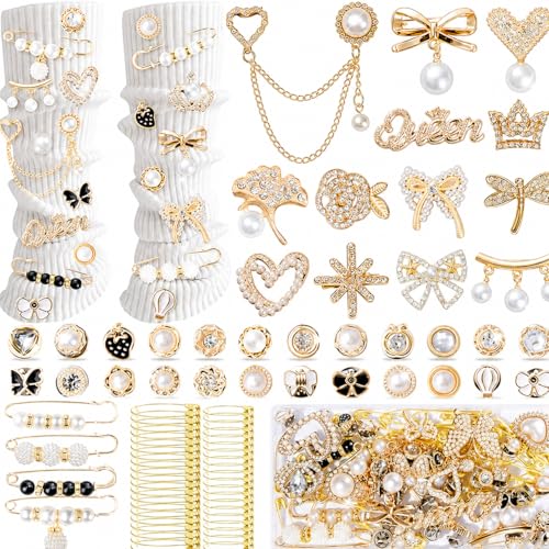 RQAYE Junk Socks Charms Kit, Gold Brooches and Pins for Women,Pearl and Rhinestone Shoe Charms with Safety Pins for Hat Clothes Bags