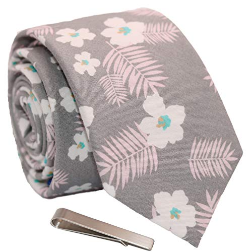 Image of Men's Skinny Tie Floral Cotton Necktie and Tie Bar Clip Sets, Great for Weddings,Groom,Groomsmen