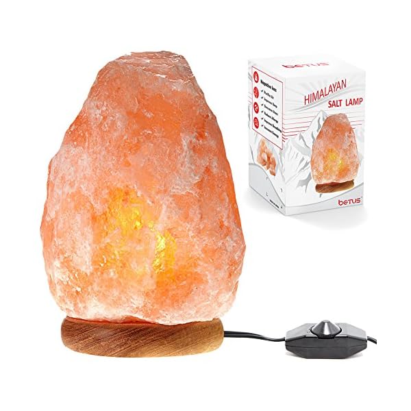 Betus natural crystal himalaya salt lamp hand carved on wood base with dimmable cord and light bulb 6 to 7 inches height 3 to 5 pounds  urban country home decor