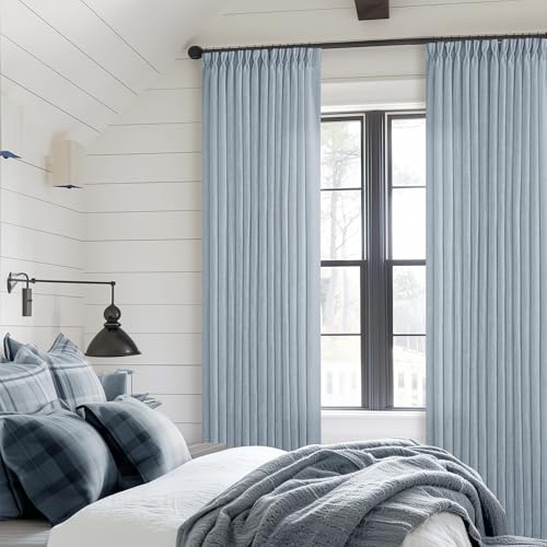 Image of Extra Long Dusty Blue Linen Curtains 120 Inches Long Sky Blue Coastal Boho Farmhouse Curtain Light Filtering Semi Sheer Back Tab Pinch Pleat Curtain for Tall Ceiling Living Room Bedroom 2 Panels