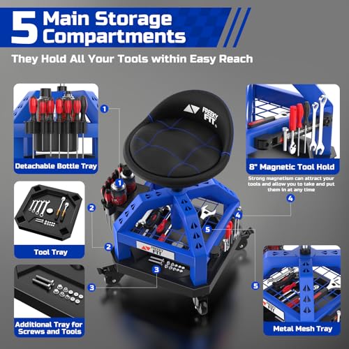 Image of Rolling Shop Stool for Garage with Casters, DO02-Adjustable Height 360 Swivel Shop Seat with Tool Tray Storage, 330 LBS Capacity Padded Mechanic Stool, Magnetic Tool Hold, Heavy Duty, Blue