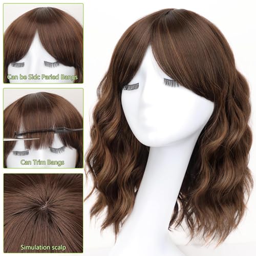 Image of AISI HAIR French Caramel Balayage Brown Synthetic Wavy Curly Bob Wig with Bangs Short Wavy Hair for Women Synthetic Heat Resistant Bob Wigs
