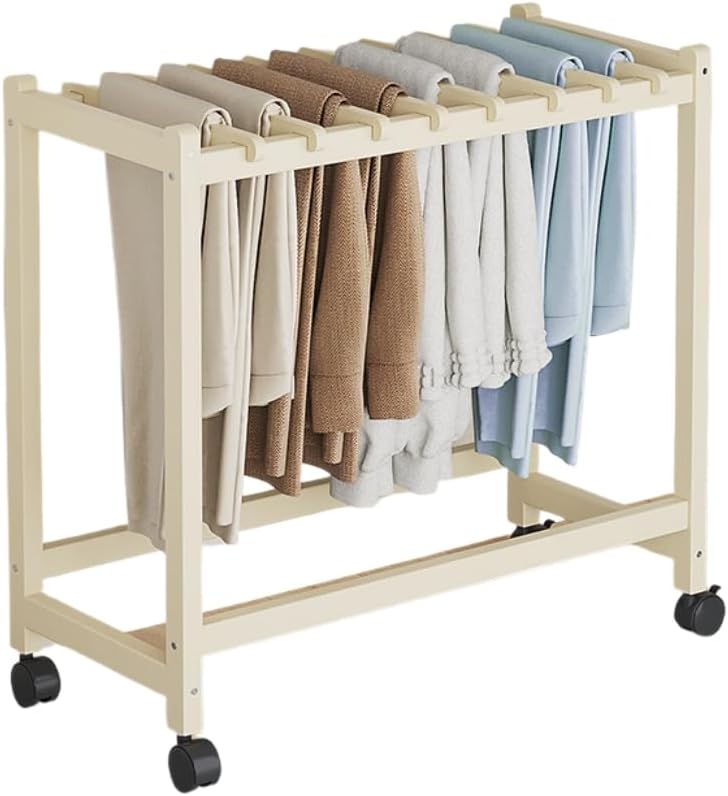 WIOLEモバイルパンツラック、ハンガー、収納、大容量、キャスター付き、木製、トロリーレジャーハンガー、リビングルーム、寝室、ポータ