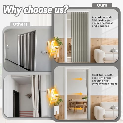 Image of AJAZZ 100% Blackout Accordion Doors Interior Invisible Folding Door for Bedroom Living Room Doorway Curtain Sets (1 Pack, 44 W x 78 L, Grey+Rod)