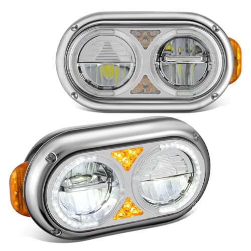 Image of DNA MOTORING Chrome Turn Signal Projector Headlights With Dual LED DRL Compatible with 1981-1988 Peterbilt 359, 1987-2007 Peterbilt 379, 2008-2021 Peterbilt 389,HL-HAY-073-CH