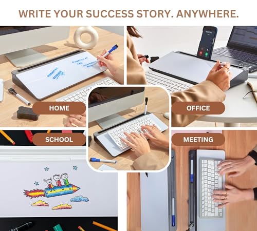 Image of GAROOD Desktop Dry Erase Board with Storage (Black Base) Desk White Board Desk Board Glass Desktop White Board with Stand Home Office Organizer Phone Holder 15.8X7X2 inches