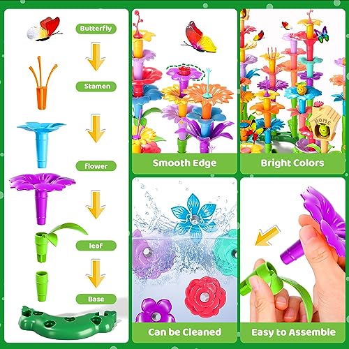 Image of Doloowee 238Pcs Flower Garden Building Toys for Girls 3 4 5 6 7 Year Old, Upgrade DIY Building Stacking Toys, STEM Preschool Educational Toddler Toys Brain Development Kindergarten Kids Toy | 238pcs washable, BPA-free DIY ower garden toy with box. Ultimate deluxe STEM gift for multiple kids ages 3-8.