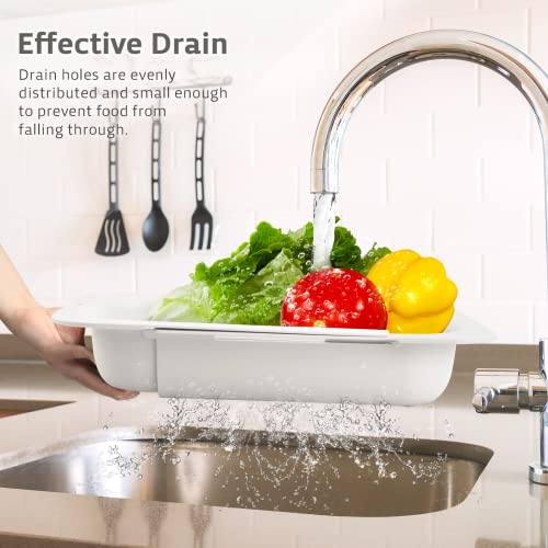 Komzon Extendable Colander Strainer Over The Sink, Retractable Kitchen Sink Basket To Wash Vegetables And Fruits, Food Strainers To Drain Pasta And Dry Dishes, Plastic Colanders For Sink White #TOP2