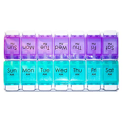 Daily Vitamin Box AM PM Pill Case Organizer Weekly Pop Up 7 Day Medicine Box Container Two Color Medication Dispenser for Twice a Day Fish Oil Supplements,Gift for Parents (1.Indigo/Purple)