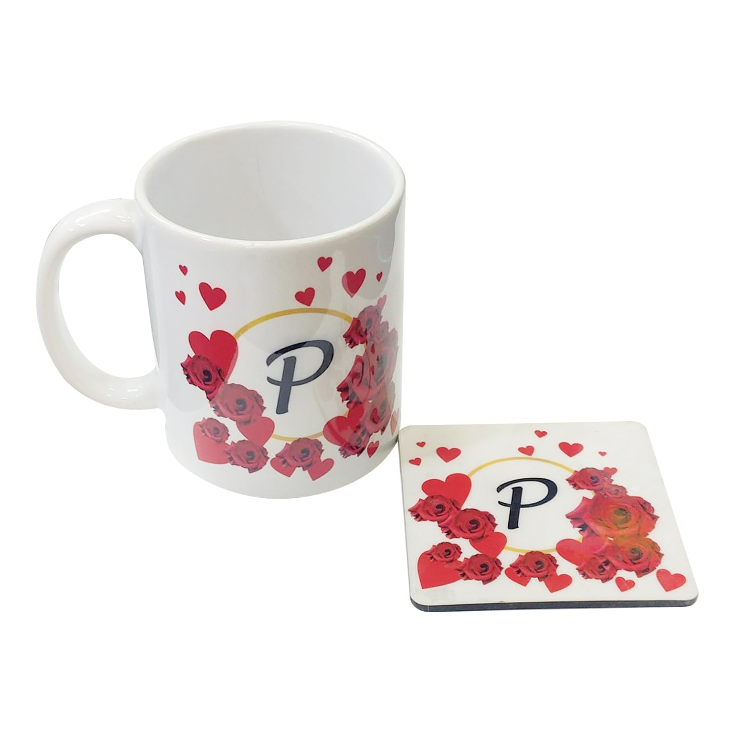 THEPRINTSHINE Red Floral Alphabate Letter Printed Gift Combo - 1 White Ceramic Mug with MDF Coaster for Loved Once l Birthday Gifts l Anniversary Gift etc. 350 ml (A to Z) (B)