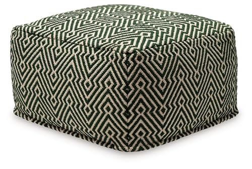 Signature Design by Ashley Abacy Casual Square Handwoven Pouf with Geometric Pattern, Green & Beige