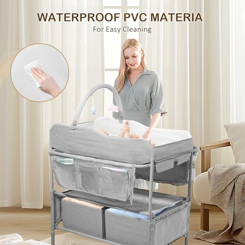 Image of Baby Changing Table,Versatile Folding Changing Table,Waterproof /Foldable /Height Adjustable /Movable /with Silent Wheels /2 Drawers Diaper Changing Station,Mobile Nursery Organizer for Newborn Essentials
