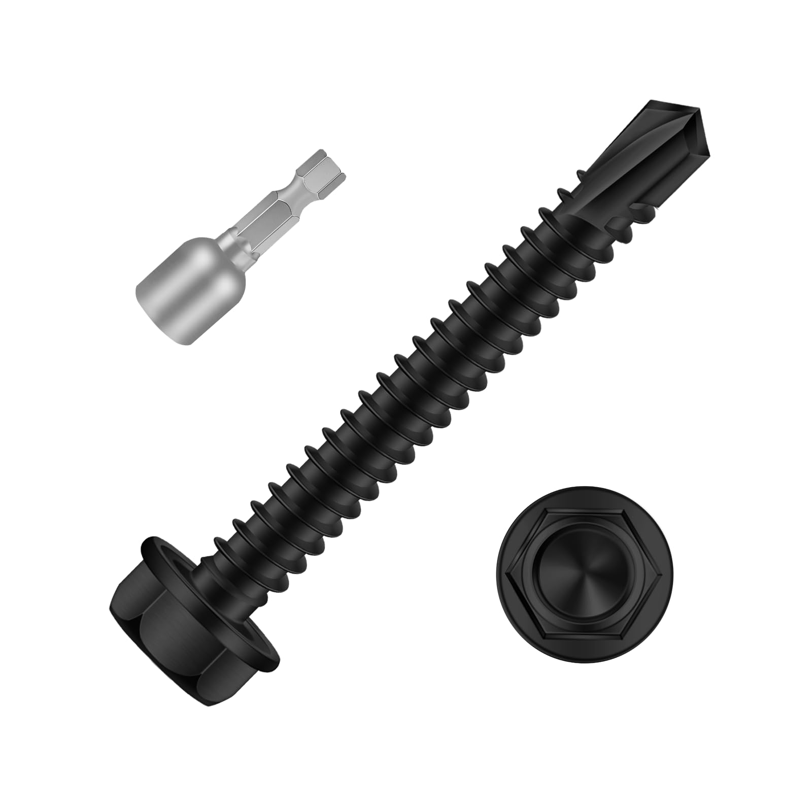 Mellewell #12 x 2-1/4" Hex Washer Head Self Drilling Screws, 410 Stainless Steel Self Tapping Sheet Metal Screws, Black Finish, 50 PCS