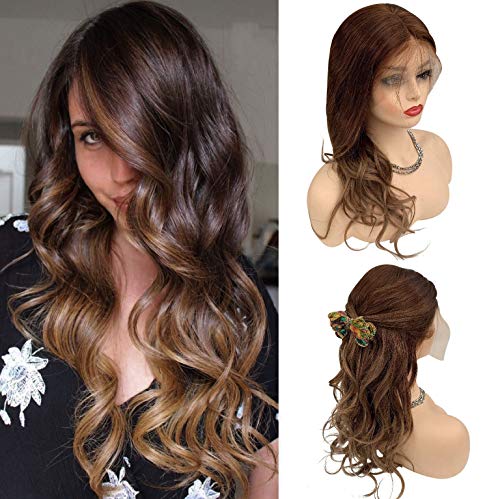 Human Hair Lace Front Natural Wave Wigs for Women Medium Brown Omber Ash Brown Highlights Middle/Free Part Wavy Wigs Pre Plucked With Babyhair Bleached Knots 14Inches 150% Density Full Head #4/8A