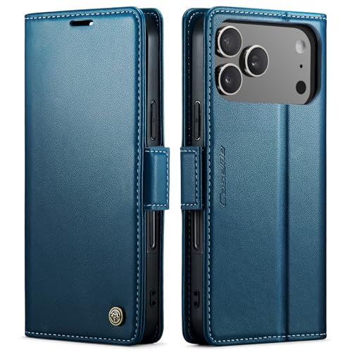 Coque iPhone 17 Pro étui portefeuille cuir bleu avec porte carte magnétique et RFID