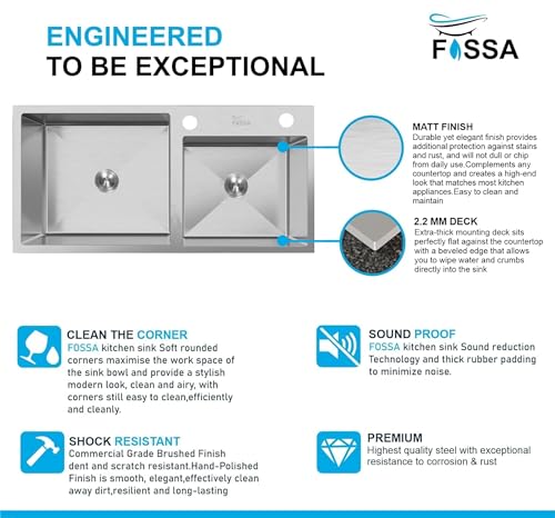 Image of Fossa 32 inch x18 inch x 09 inch Inch Premium Stainless Steel Double Bowl Kitchen Sink with Tap Hole, Drain Basket, Soap Dispenser, Drain, Round Coupling - Topmount Sink for Campervan or Silver (Matte Finish)