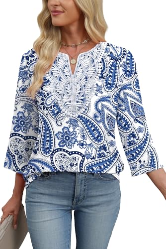 Image of WIHOLL 3 /4 Length Sleeve Womens Tops Boho V Neck Lace Shirt Trendy Blouses Dressy Casual Vacation Clothes S-3XL