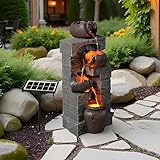 Warm Garden Solar Powered Water Fountain Outdoor with LED Lights –Vintage Style with Cracked Pot and Stone Design,3 Tiers Waterfall Create Flowing Water Features for Garden, Lawn,Brown,27.2''H