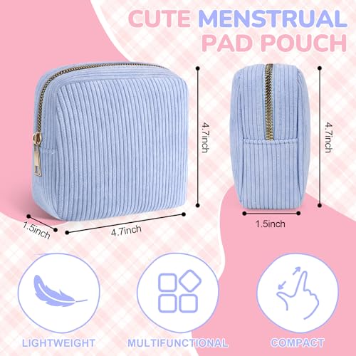 Image of Corduroy Period Pouch Small Discreet Period Bag Sanitary Napkin Storage Bag Cute Menstrual Pad Pouch Tampon Bag for Purse Portable Zipper Makeup Bags for Women Ladies Blue