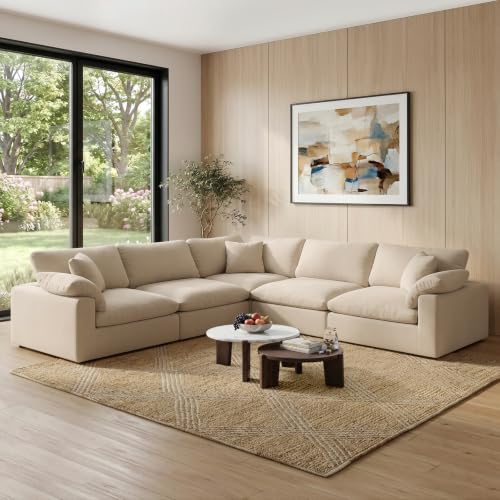 Image of 211.6 inch Cloud Modular Sectional Sofa,Khaki Down Filled Sofa 5 Seat,Minimalist Sofa Cover Washable and Replaceable Couches for Living Room,Sectional Sofa Deep Seat