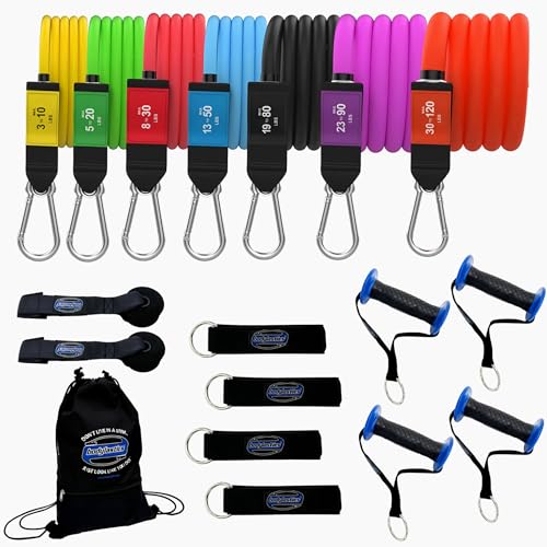 Bodylastics PRO Series Resistance Band Set- 7 Resistance Bands with Clips, Handles, Ankle Straps, Door Anchor, Carry Bag Patented Clips and Snap Reduction Tech (3-400 LBS Set Assorted)