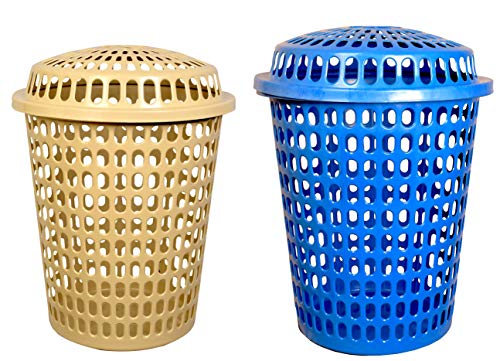 Image of 2 Laundry Basket with Lid, Cap - Durable Unbreakable 50L (Blue, Cream)