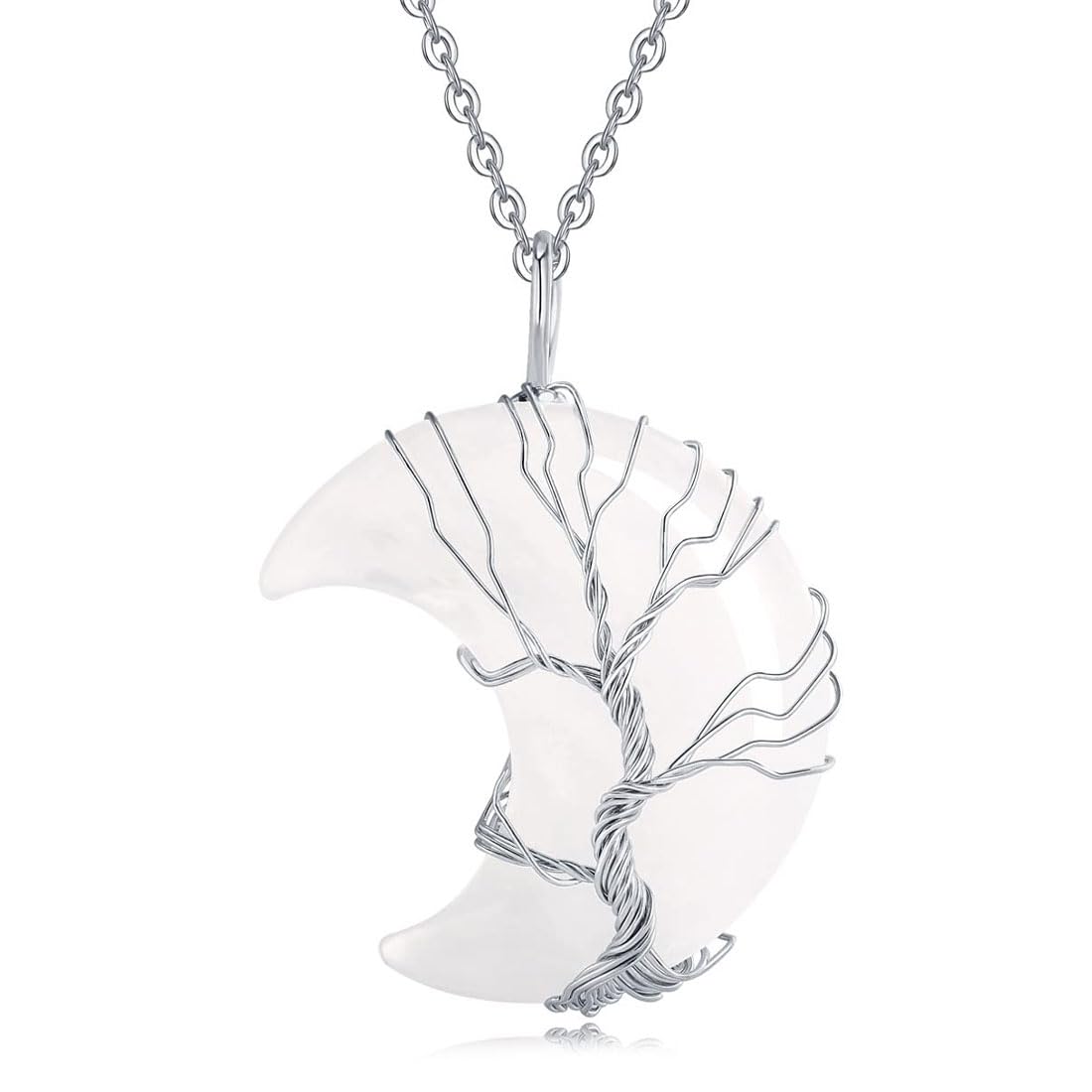 LEEQCollar de árbol de la Vida con cristales media luna - Collar para mujer, cadena de plata, colgante de cadena de cristal, energía natural, piedras preciosas, regalo para mujeres