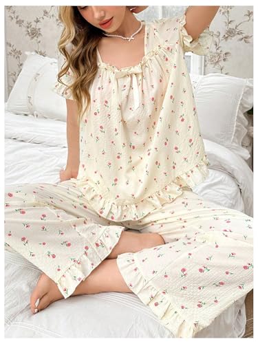 Verdusa Women's 2 Piece Pajama Sets Floral Print Puff Sleeve Bow Front Square Neck Short Sleeve Top and Pants Pajama Set2