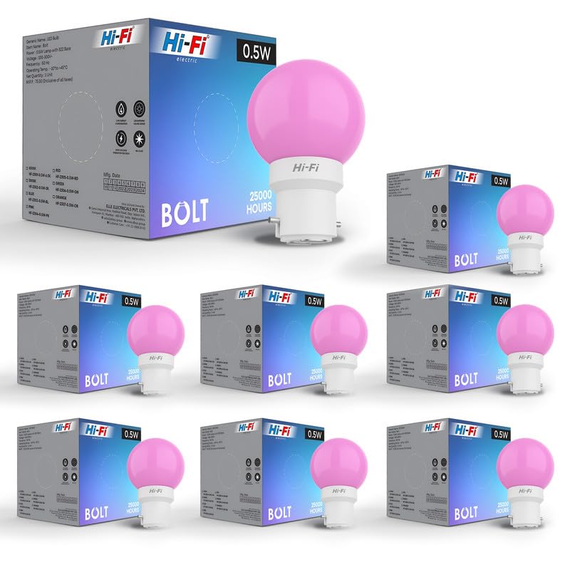 Image of Hi-Fi 0.5W LED Bulb (Pink) B22 Base | Energy Efficient Zero Watt Light | Decorative Night Lamp for Home, pooja room light & Bedroom Zero Blub (Pack of 8)